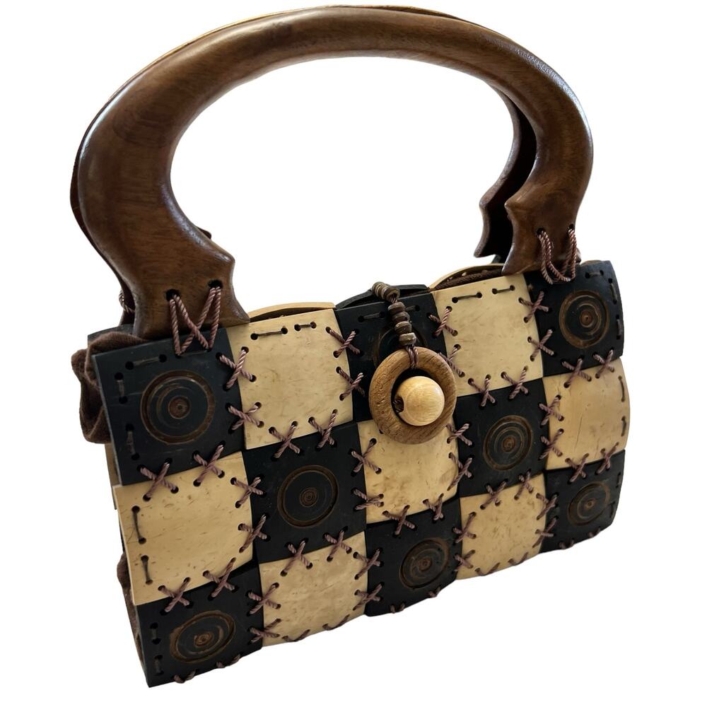 Handcrafted Thai Coconut Natural Shell Patchwork wooden stitched Purse Handbag